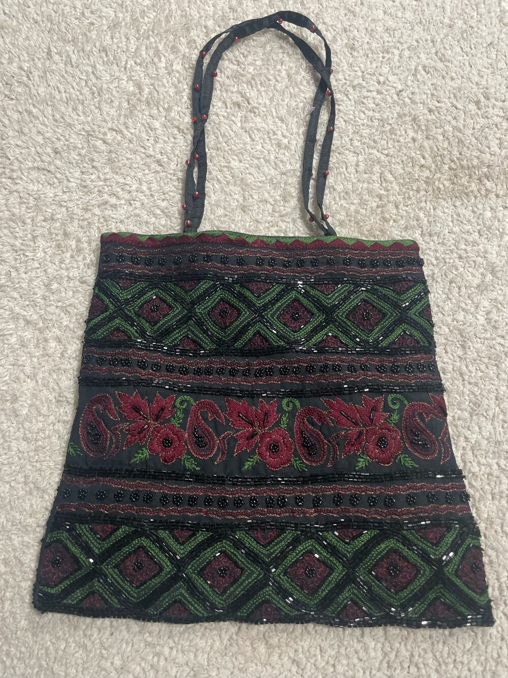 Vintage Beaded Clutch Bag Purse Handbag Made In India Black Green Burgundy